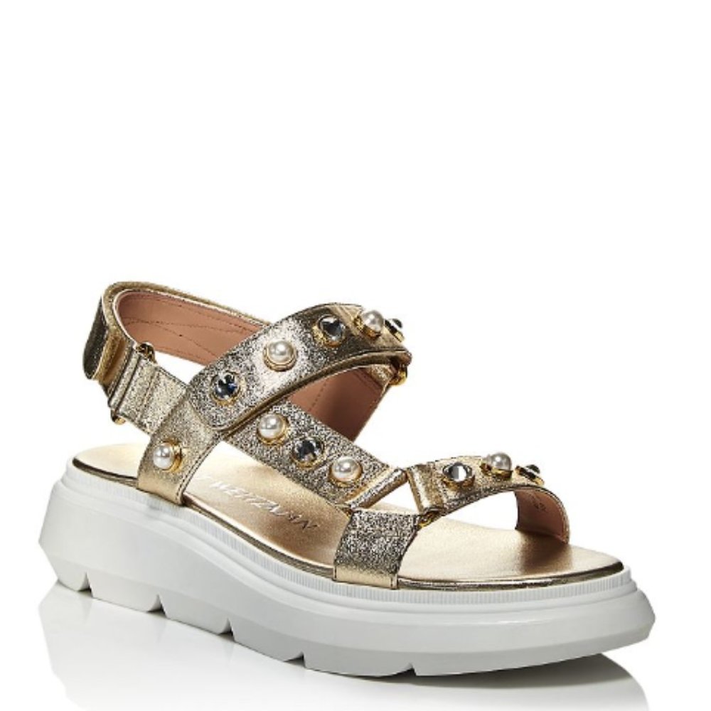 Stuart Weitzman Zoelie Crystal Embellished Platform Sandals In Platino